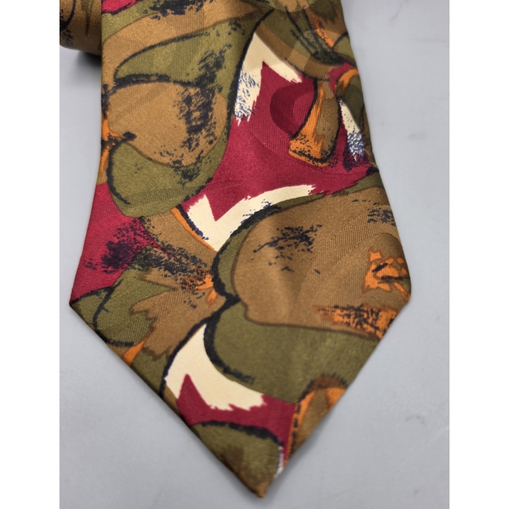 Greg & Leo Made in Italy Mens Tie Abstract Floral Olive Burgundy Brown Necktie - Picture 6 of 7